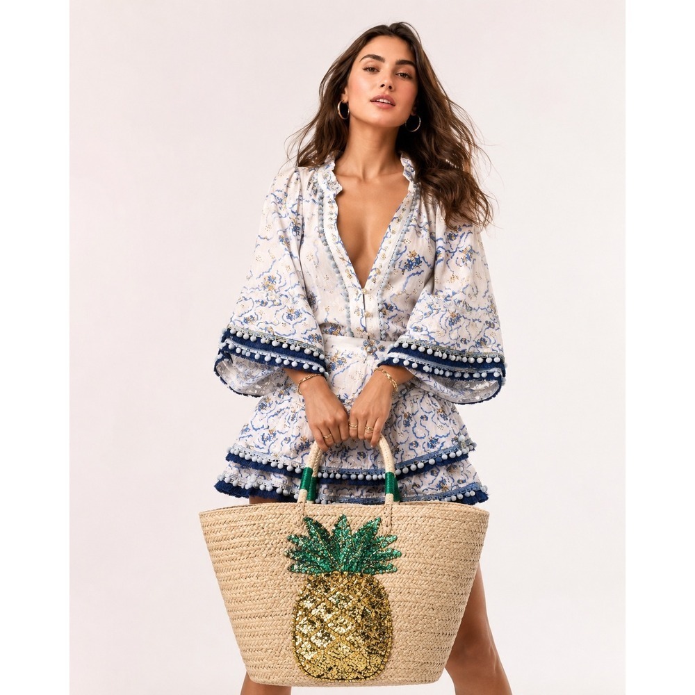 Poupette St Barth Mini Skirt Womens Blue White Tiered Pom Pom Fringe Floral